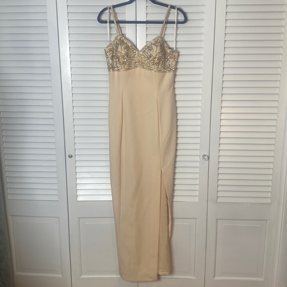 Alyce Designs | Light Peach Beaded Evening Gown | Size 10
